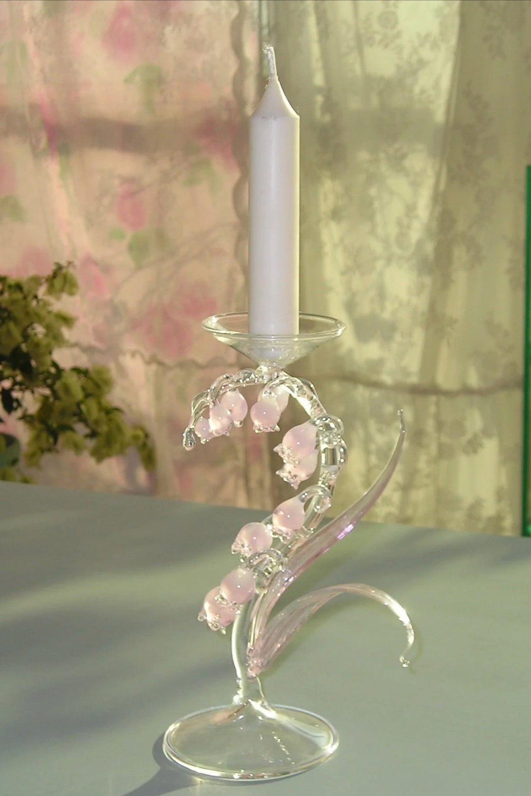 Pink Lily Handmade Lampworked Glass Candle Holder with Floral Design