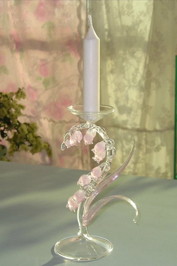 Pink Lily Handmade Lampworked Glass Candle Holder with Floral Design