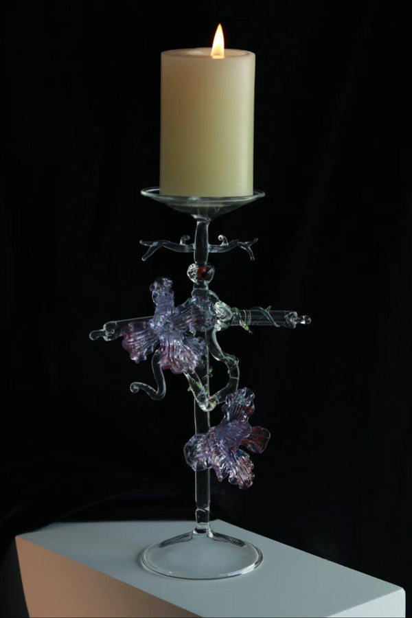 Eden Spine Handmade Lampworked Glass Candle Holder with Floral Design