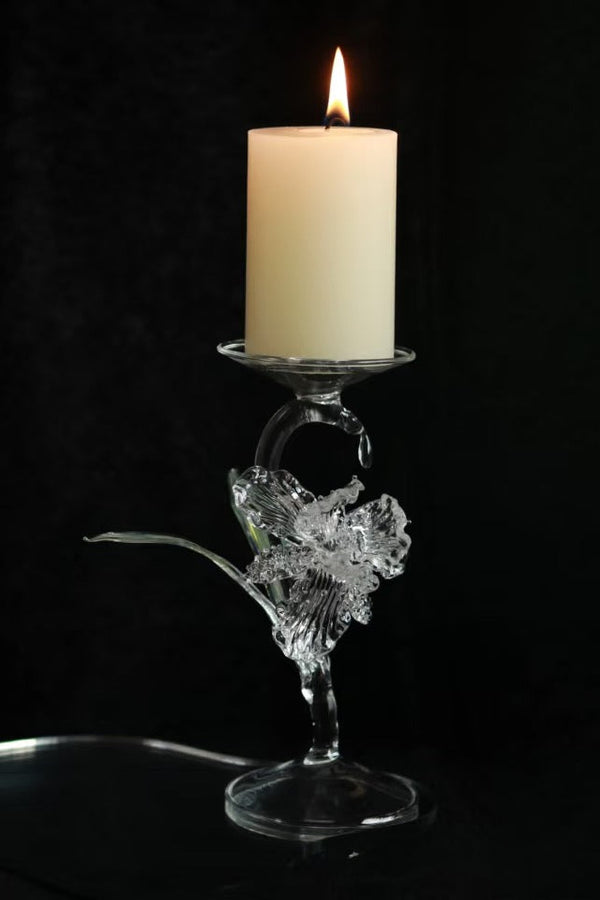 Silent Petal Handmade Lampworked Glass Candle Holder with Floral Design