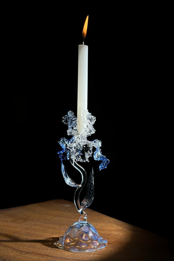 Moonlit Bloom Handmade Lampworked Glass Candle Holder with Floral Design