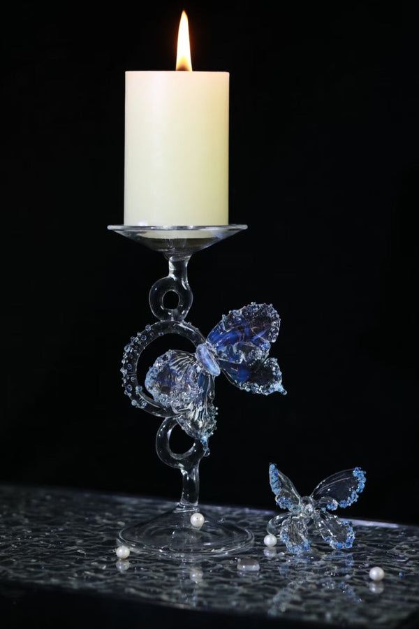 Frozen Whisper Handmade Lampworked Glass Candle Holder with Butterfly Design